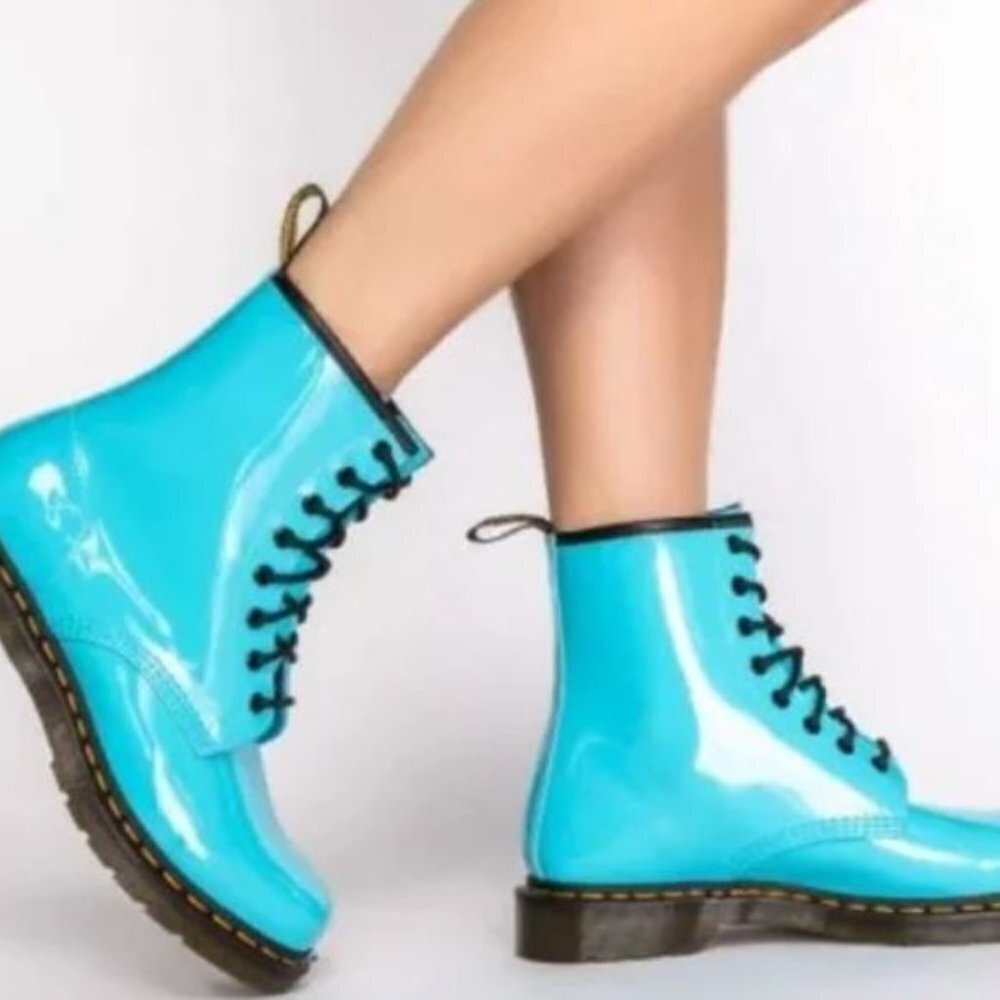 Dr. Martens 1460 Blue Patent Leather Lace Up Boots Shine On Sz. 37 US 6 UK 4 NEW - Picture 1 of 9
